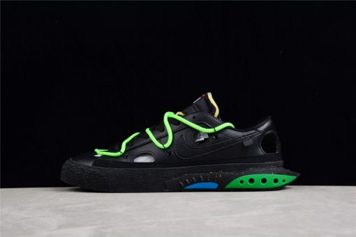Off White x Nike Blazer Low Black Green replica sneakers featuring a sleek black upper with vibrant green accents, perfect for stylish streetwear enthusiasts.