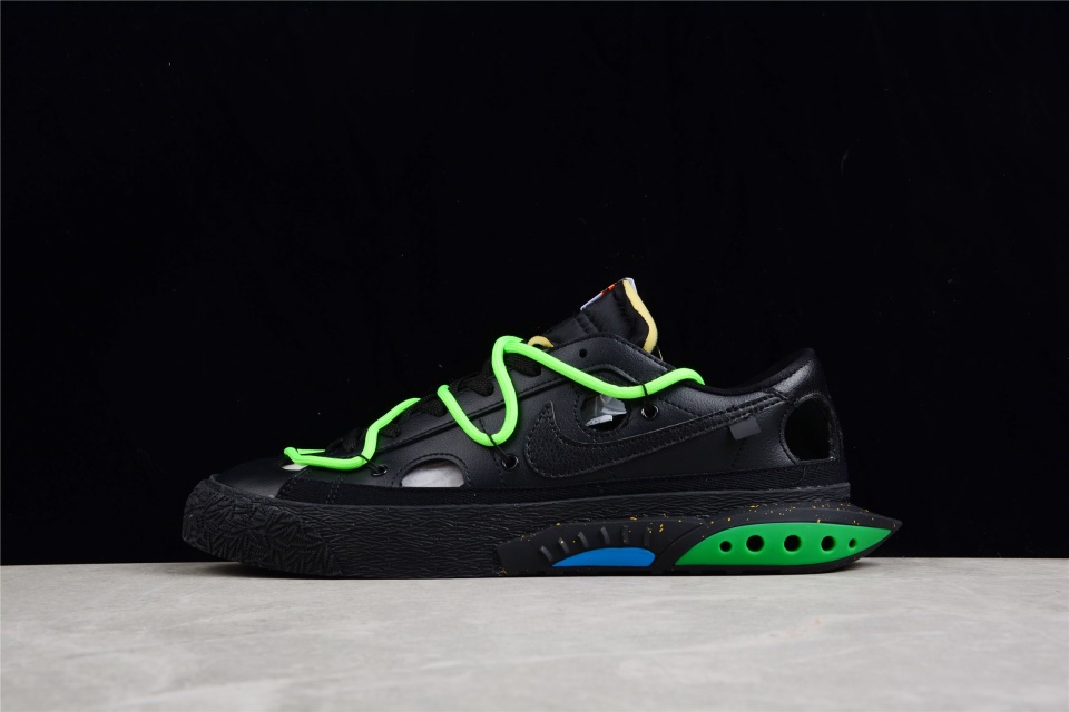 Off White x Nike Blazer Low Black Green replica sneakers featuring a sleek black upper with vibrant green accents, showcasing a stylish and modern design ideal for sneaker enthusiasts.