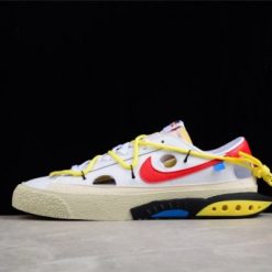 Off White x Nike Blazer Low White University Red replica sneakers showcasing a stylish white and university red colorway with distinctive branding and design elements.