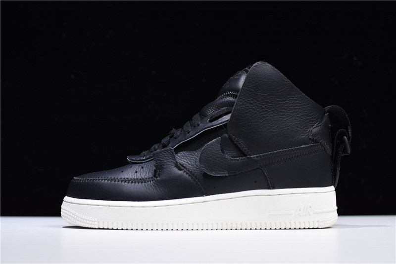 PSNY X Nike Air Force 1 High Black replica sneakers showcasing a sleek black leather upper, featuring signature PSNY branding, a high-top silhouette, and classic Air Force 1 design elements for an elevated streetwear style.
