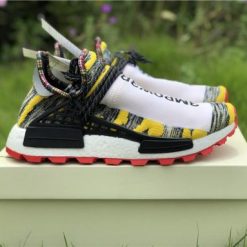 Pharrell Williams X Adidas Originals Human Race NMD Trail SOLARHU in White, Black, and Yellow - high-quality replica sneakers featuring a unique design and vibrant colors.