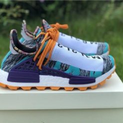Pharrell Williams X Adidas Originals Human Race NMD Trail Solarhu White Purple Orange replica sneakers showcasing vibrant colors and unique design elements inspired by the original model.