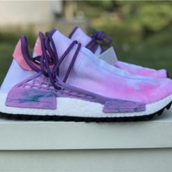 Pharrell X Adidas NMD Human Race Pink Purple replica sneakers featuring vibrant color design and distinctive branding.