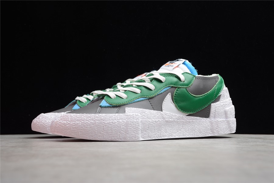 Sacai x Nike Blazer Low Classic Green replica sneakers featuring a unique colorway and layered design for a stylish look.