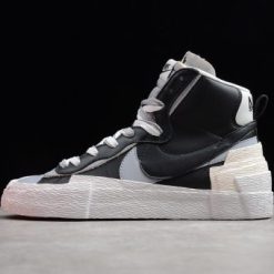Sacai x Nike Blazer Mid Black Grey replica sneakers featuring a unique layered design with contrasting black and grey colors, ideal for sneaker enthusiasts seeking stylish and high-quality alternatives.