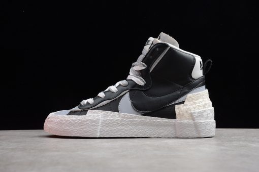 Sacai x Nike Blazer Mid Black Grey replica sneakers featuring a unique layered design with contrasting black and grey colors, ideal for sneaker enthusiasts seeking stylish and high-quality alternatives.
