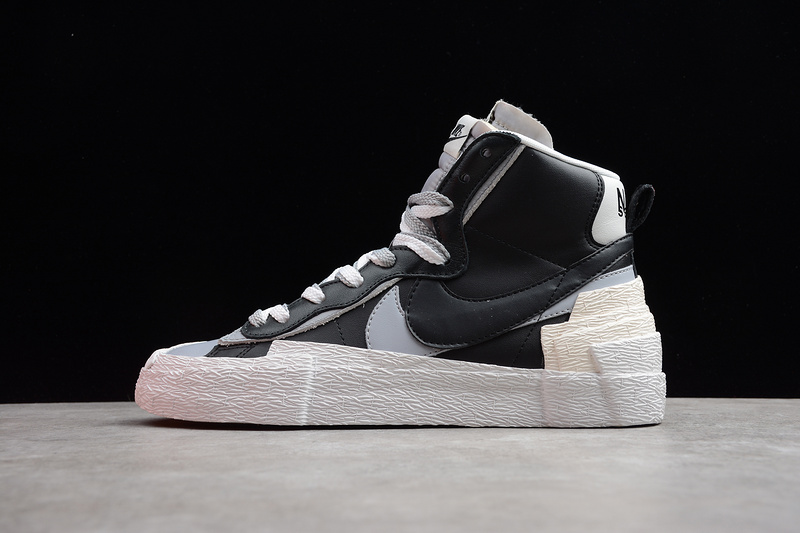 Sacai x Nike Blazer Mid Black Grey replica sneakers featuring a stylish dual-layer design, premium materials, and a unique colorway, perfect for sneaker enthusiasts seeking high-quality reproduction.