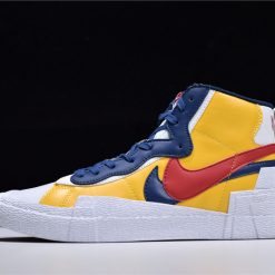Sacai x Nike Blazer Mid Maize Navy replica sneakers featuring a stylish two-tone design with a combination of maize yellow and navy blue colors, ideal for sneaker enthusiasts seeking high-quality replicas.