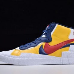 Sacai x Nike Blazer Mid Maize Navy replica sneakers featuring a vibrant yellow and navy colorway, showcasing unique layering and a stylish silhouette.