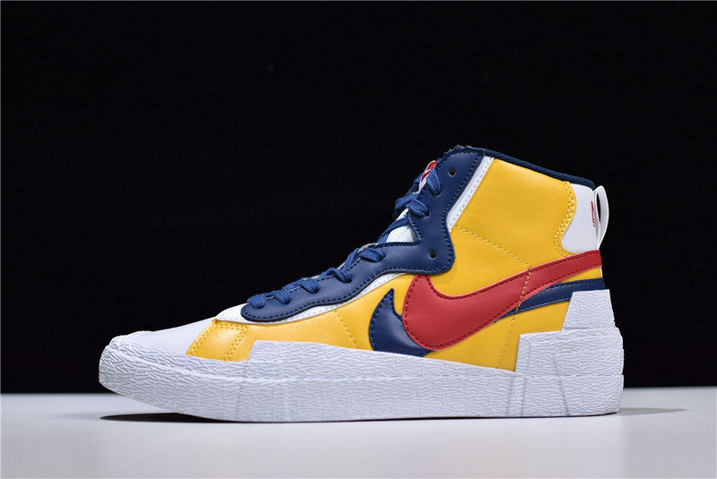 Sacai x Nike Blazer Mid Maize Navy replica sneakers featuring a stylish two-tone design with a combination of maize yellow and navy blue colors, ideal for sneaker enthusiasts seeking high-quality replicas.