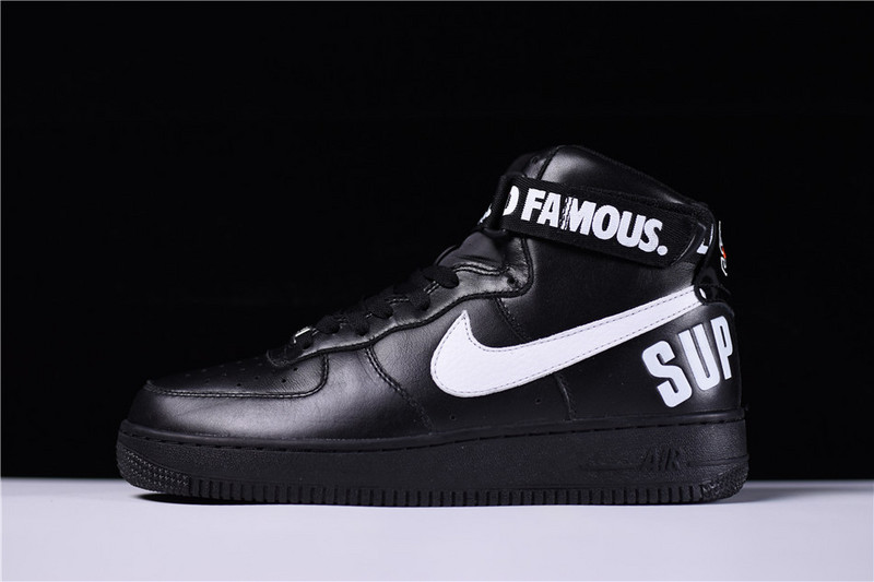 Supreme X Nike Air Force 1 High SP Black replica sneakers showcasing a sleek black design with distinctive Supreme branding and premium detailing, perfect for sneaker enthusiasts seeking high-quality replicas.