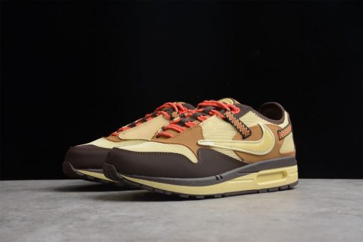 Travis Scott x Nike Air Max 1 Baroque Brown replica sneakers showcasing a stylish brown upper with unique design elements and cushioned sole for comfort. Perfect replica shoes for sneaker enthusiasts.