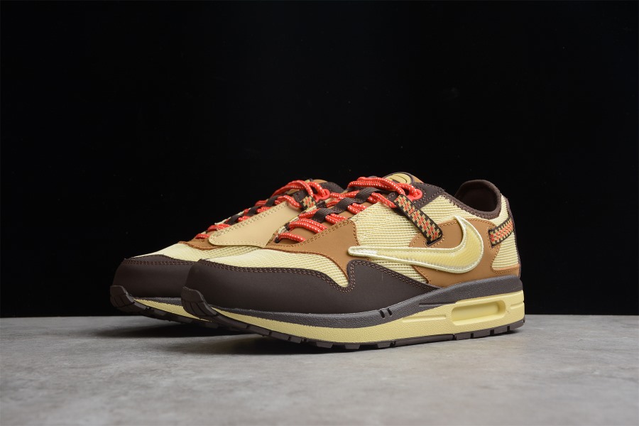 Alt Text: "Travis Scott x Nike Air Max 1 Baroque Brown replica sneakers showcasing a sleek design with rich brown tones, featuring signature branding and detailed craftsmanship, perfect for sneaker enthusiasts looking for high-quality shoes."