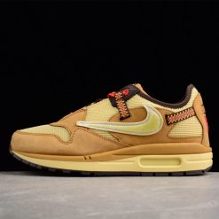 Travis Scott x Nike Air Max 1 Wheat DO9392 701 replica sneakers displayed from a side angle, featuring a rich wheat-colored upper with premium detailing, complemented by a white midsole and iconic Nike branding. Perfect for sneaker enthusiasts looking for stylish replica shoes.
