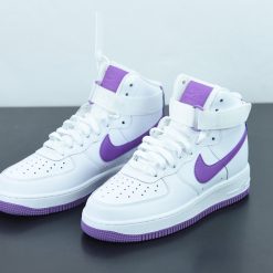 High-quality replica sneakers featuring Wmns Nike Air Force 1 High in White and Dark Orchid, showcasing a stylish design with a sleek silhouette and vibrant accents, perfect for fashionable footwear enthusiasts.