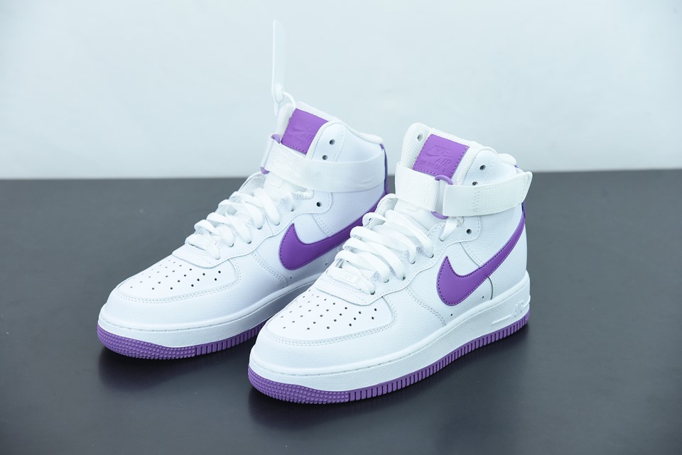 High-quality replica sneakers featuring Wmns Nike Air Force 1 High in White and Dark Orchid, showcasing a stylish design with a sleek silhouette and vibrant accents, perfect for fashionable footwear enthusiasts.