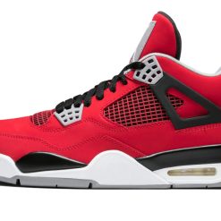 Jordan 4 Retro Toro Bravo Men's replica sneakers featuring a vibrant red and black colorway, crafted with high-quality materials for an authentic look and feel, perfect for sneaker enthusiasts and collectors.