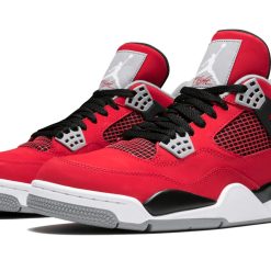 Jordan 4 Retro Toro Bravo Men's replica sneakers showcasing a vibrant red and black colorway, designed for style and comfort, perfect for sneaker enthusiasts and collectors.