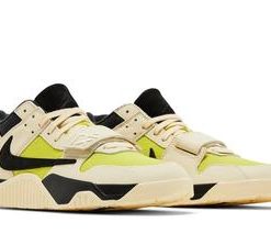 High-quality replica sneakers featuring Jordan Travis Scott Jumpman design in bright cactus colorway, showcasing vibrant details and craftsmanship.