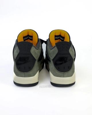 High-quality replica sneakers featuring the Undefeated Air Jordan 4 design, showcasing a stylish combination of olive green and black colorway with unique detailing.