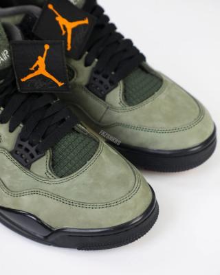 Undefeated Air Jordan 4 replica sneakers featuring a stylish design with a blend of military green and black accents, showcasing premium materials and attention to detail for sneaker enthusiasts.