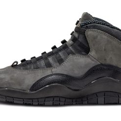 High-quality replica sneakers featuring the Air Jordan 10 Shadow design, showcasing a sleek black and grey colorway with distinctive detailing, perfect for sneaker enthusiasts.