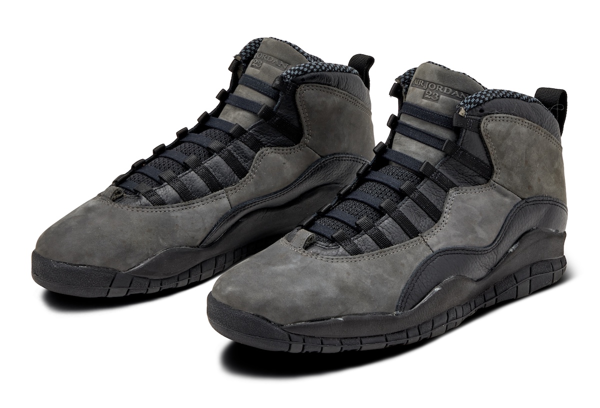 High-quality replica sneakers featuring the Air Jordan 10 Shadow design, showcasing a sleek and stylish black and grey colorway with iconic details.