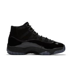 Air Jordan 11 Cap And Gown replica sneakers featuring a sleek black textile upper, patent leather details, and a translucent outsole, perfect for stylish footwear enthusiasts.