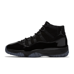 Air Jordan 11 Cap And Gown replica sneakers featuring a sleek black upper, patent leather detailing, and a translucent outsole, perfect for stylish casual wear.