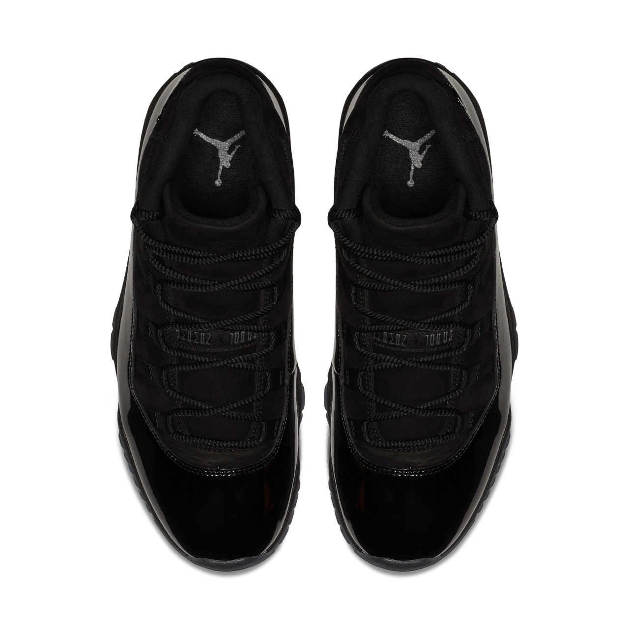 High-quality replica sneakers featuring the Air Jordan 11 Cap And Gown design, showcasing a sleek black upper, glossy patent leather, and a classic silhouette perfect for stylish occasions.
