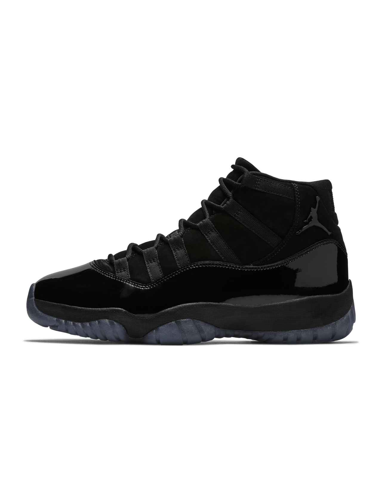 Air Jordan 11 Cap And Gown replica sneakers featuring a sleek black upper, patent leather detailing, and a translucent outsole, perfect for stylish casual wear.