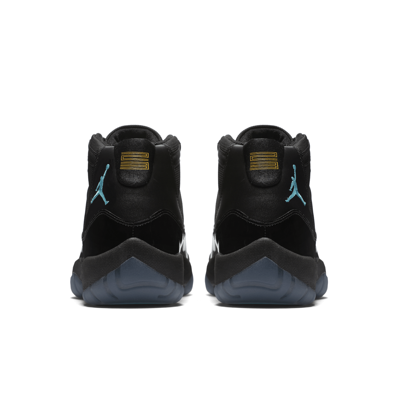 Air Jordan 11 Retro Gamma replica sneakers featuring a sleek black upper, vibrant gamma blue accents, and a signature patent leather finish, perfect for sneaker enthusiasts seeking high-quality replicas.