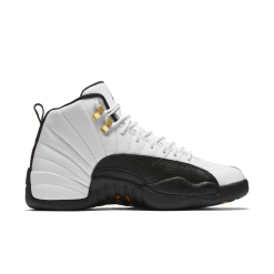 Air Jordan 12 Retro Taxi high-quality replica sneakers showcasing a classic design with black leather and white accents, featuring the iconic taxi yellow details for a stylish look.