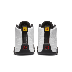 Air Jordan 12 Retro Taxi replica sneakers featuring a classic black and white colorway with striking yellow accents, perfect for sneaker enthusiasts looking for high-quality alternatives.
