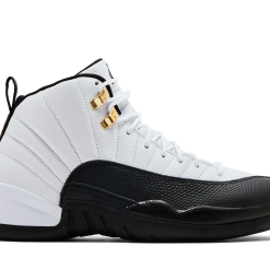 High-quality replica sneakers featuring the iconic Air Jordan 12 Taxi design, showcasing the classic black and white colorway with yellow accents.