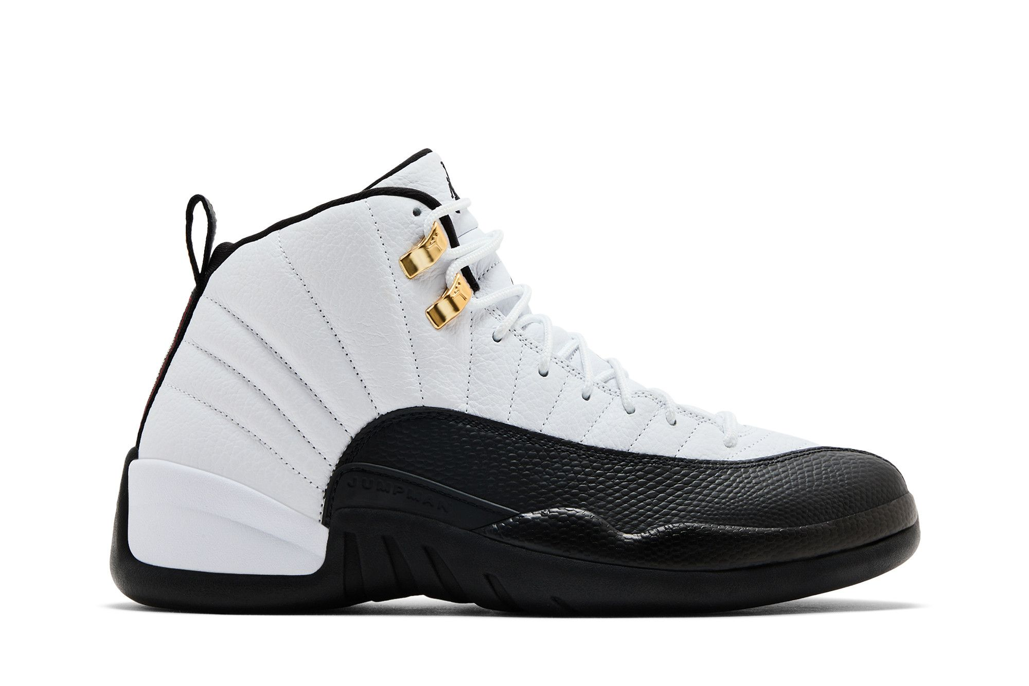 High-quality replica sneakers featuring the iconic Air Jordan 12 Taxi design, showcasing the classic black and white colorway with yellow accents.