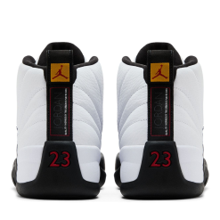 Air Jordan 12 Taxi high-quality replica sneakers featuring a sleek black and white design with metallic gold accents, perfect for sneaker enthusiasts and collectors.