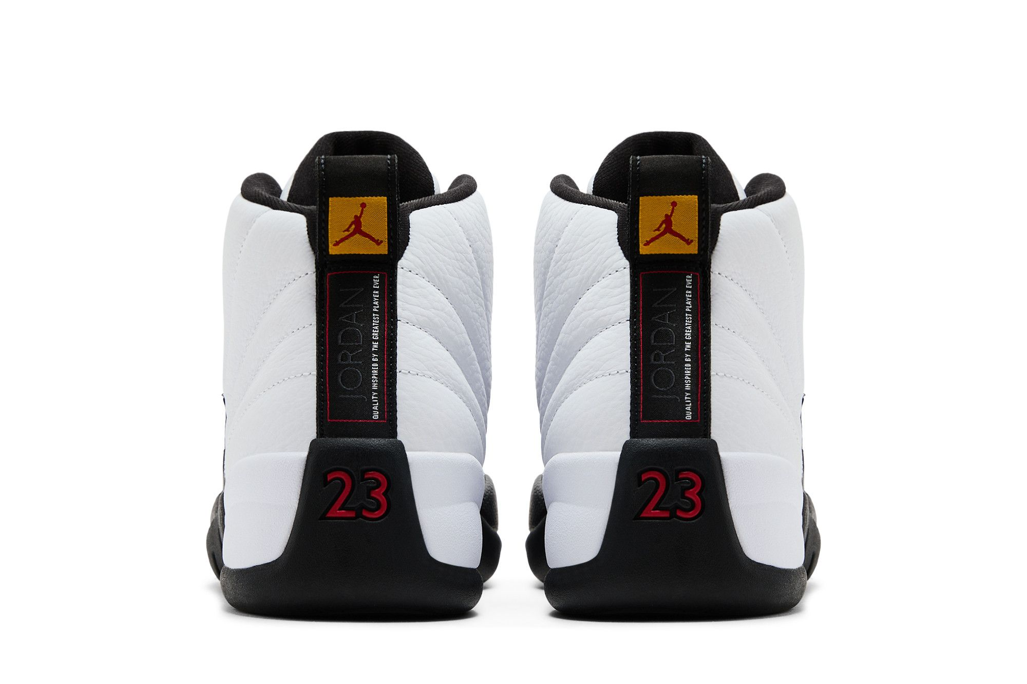 Air Jordan 12 Taxi high-quality replica sneakers featuring a sleek black and white design with metallic gold accents, perfect for sneaker enthusiasts and collectors.