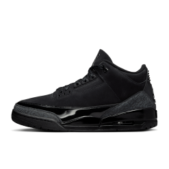 High-quality replica sneakers featuring the Air Jordan 3 Black Cat model, showcasing a sleek black upper, distinct elephant print accents, and a stylish silhouette.