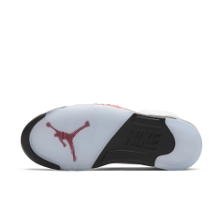 Air Jordan 5 Fire Red replica sneakers featuring a sleek design with a white leather upper, distinctive red accents, and the iconic Jumpman logo, perfect for sneaker enthusiasts and collectors.