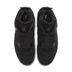 High-quality replica sneakers featuring the Air Jordan IV Black Cat model, showcasing a sleek black design with premium materials and attention to detail.