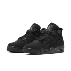 Air Jordan IV Black Cat replica sneakers featuring a sleek black upper, iconic detailing, and a comfortable design suitable for sneaker enthusiasts and collectors.